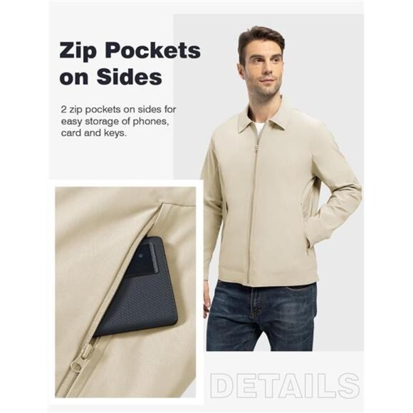 Mens Lightweight Jacket Casual Windbreaker Water Resistant Full Zip Spring Fall - Picture 3 of 7